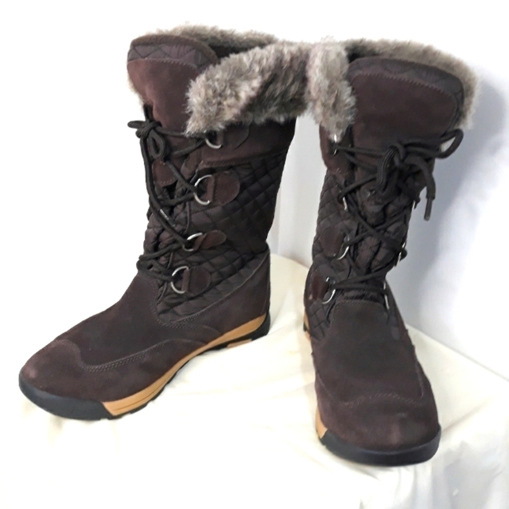 Land's End Women's Suede & Quilted  Brown Fur Trim Fleece Lined Boots Size 10B